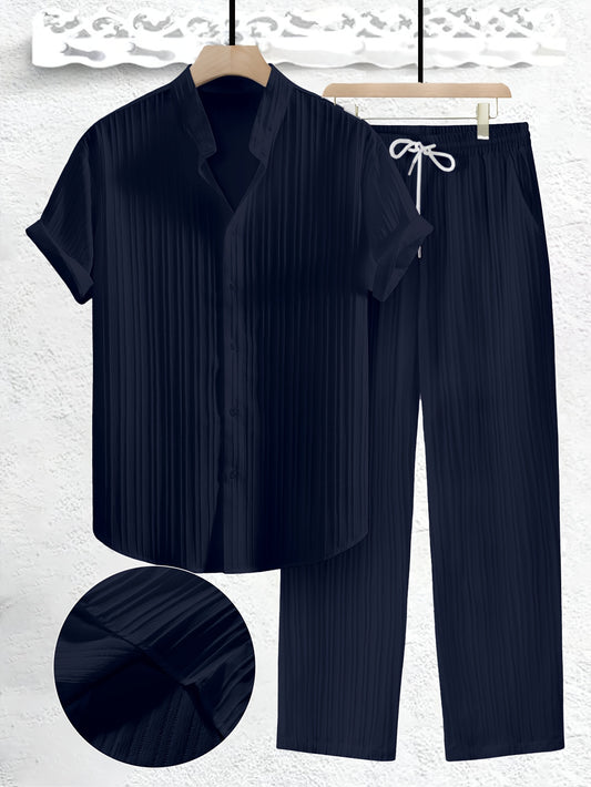 Men's Large Size Solid Color Casual Suit with Short Sleeve Shirt and Drawstring Pants Set, Textured Fabric, Perfect for Spring and Summer, PLUS SIZE.