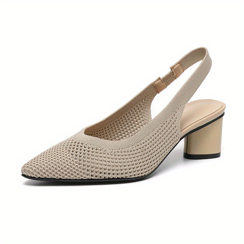 Chunky heeled knitted sandals for women, featuring a solid color pointed toe, elastic strap, and breathable slingback design.