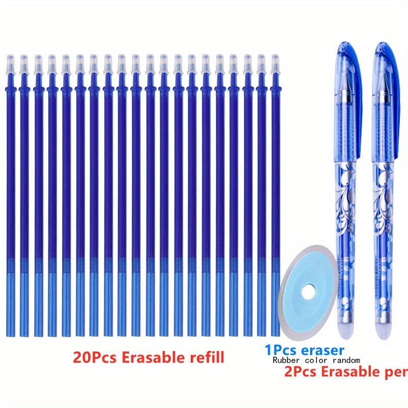 One pack of 0.5mm erasable gel pens with refills and erasers for office and school use.