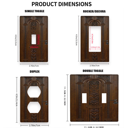 Polycarbonate light switch cover with wood grain effect, screw-in, no electricity needed. Versatile lamp switch plate for 1 or 2 way, easy installation for home décor.