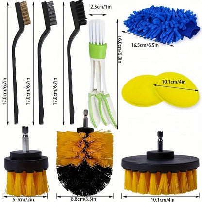 Set of 26 car detailing brushes including wheel brushes, air vent brush, buffing sponge pads kit, washing mitt, and cleaning cloth. Perfect for home and auto detailing with drill brushes, scrub pads, and other cleaning supplies.