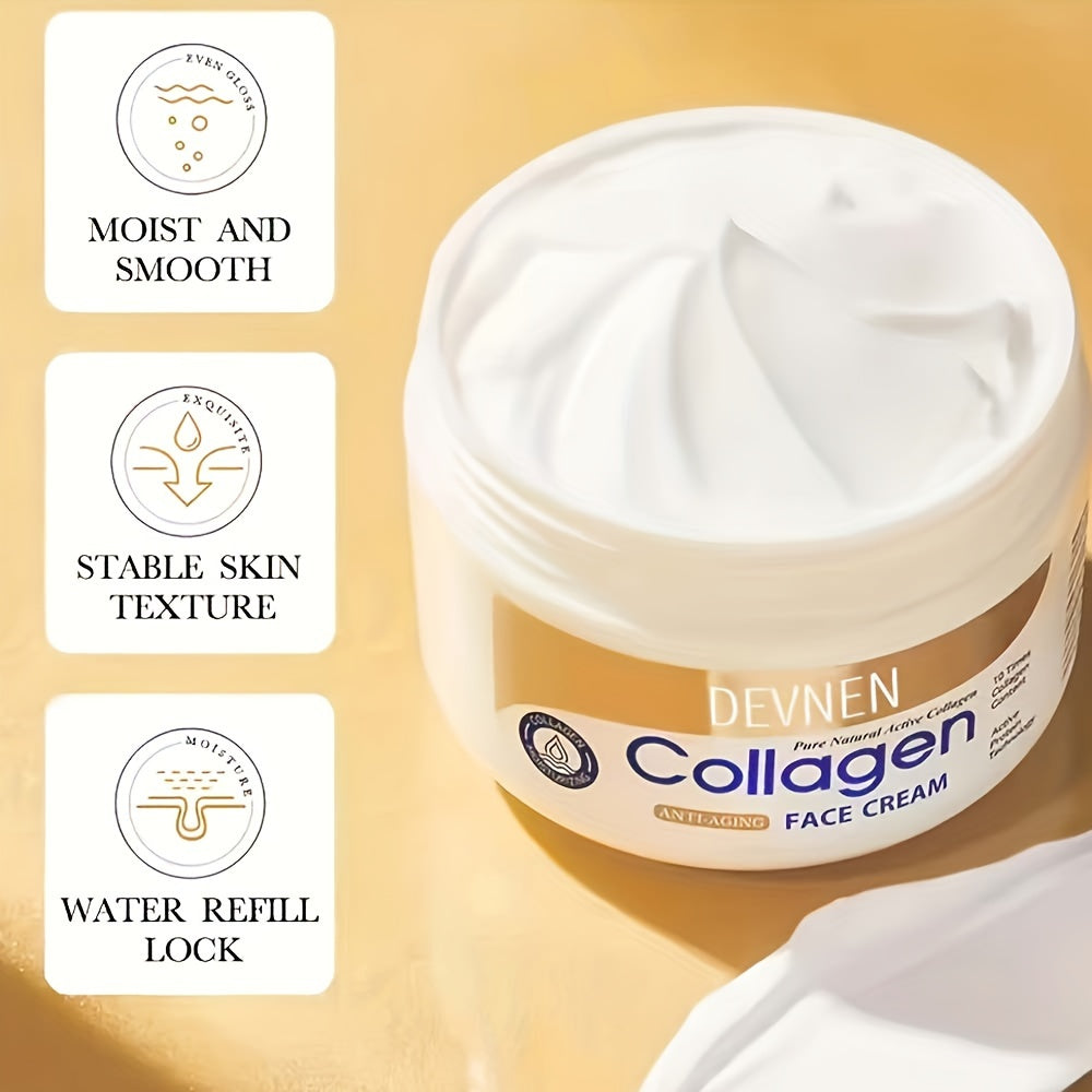 100g Devinen Collagen Face Cream for hydrating and brightening, suitable for all skin types. Contains Retinol, Hyaluronic Acid, and Glycerin. Can be used day and night, alcohol-free. Boosts