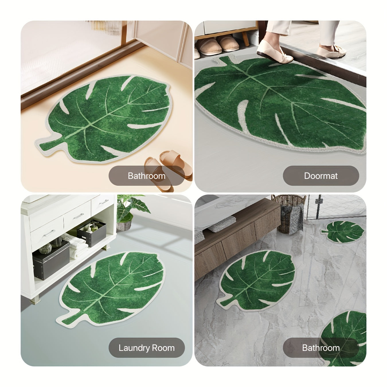 Soft and plush floor mat with a green leaf design, non-slip and highly absorbent, ideal for bathroom, kitchen, entryway, bedroom, and living room.