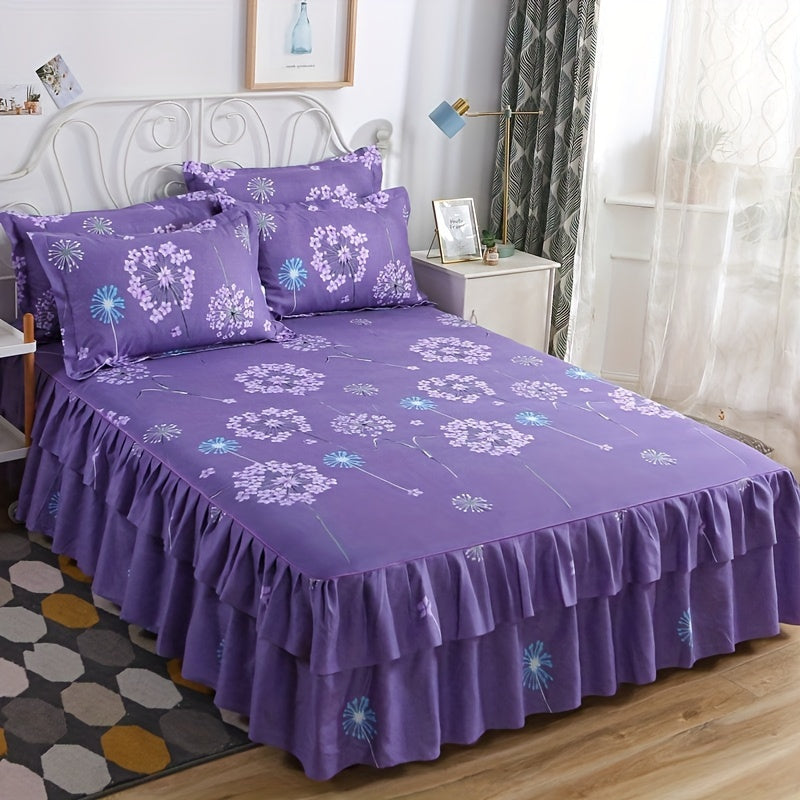 Set of 3 Tropical Floral Bed Skirt Pieces - Includes 1 Lace Non-Slip Bed Skirt and 2 Pillowcases, Polyester Bedding with Ruffled Edges for All Seasons, Machine Washable - Elegant Purple for Bedroom and Guest Room Decor, Bedding Set, Core Not Included