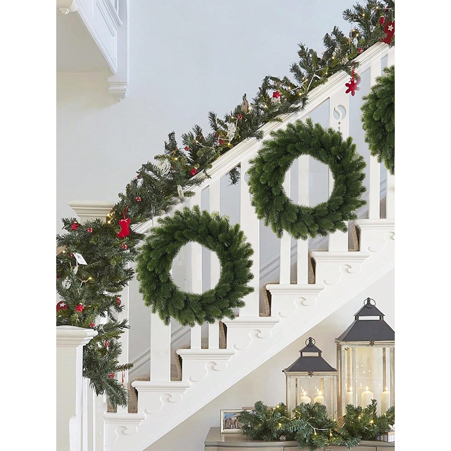 Classic green pine needle wreath ideal for Christmas decor, suitable for indoor and outdoor use.