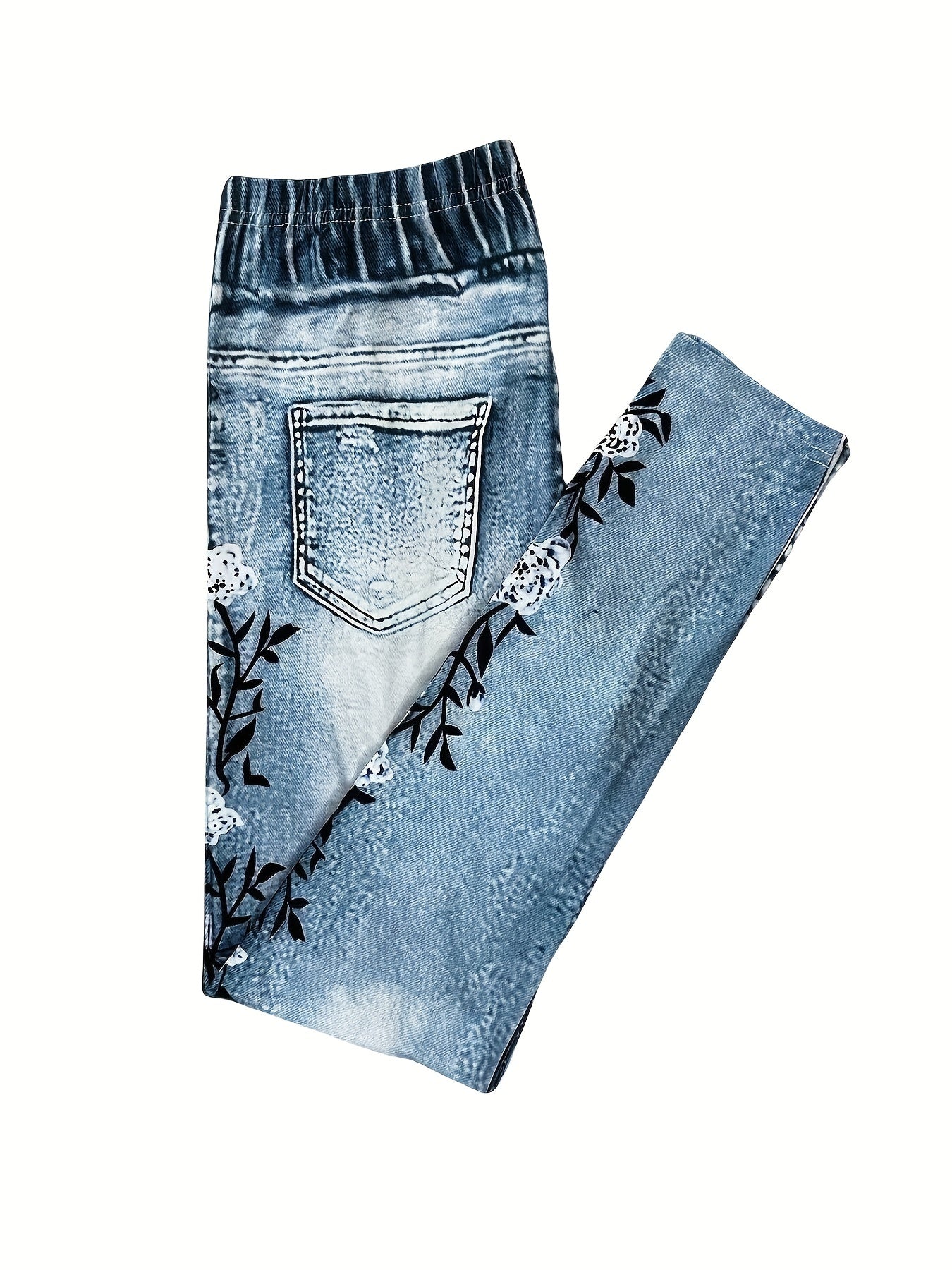 High waist leggings with faux denim print for daily wear.