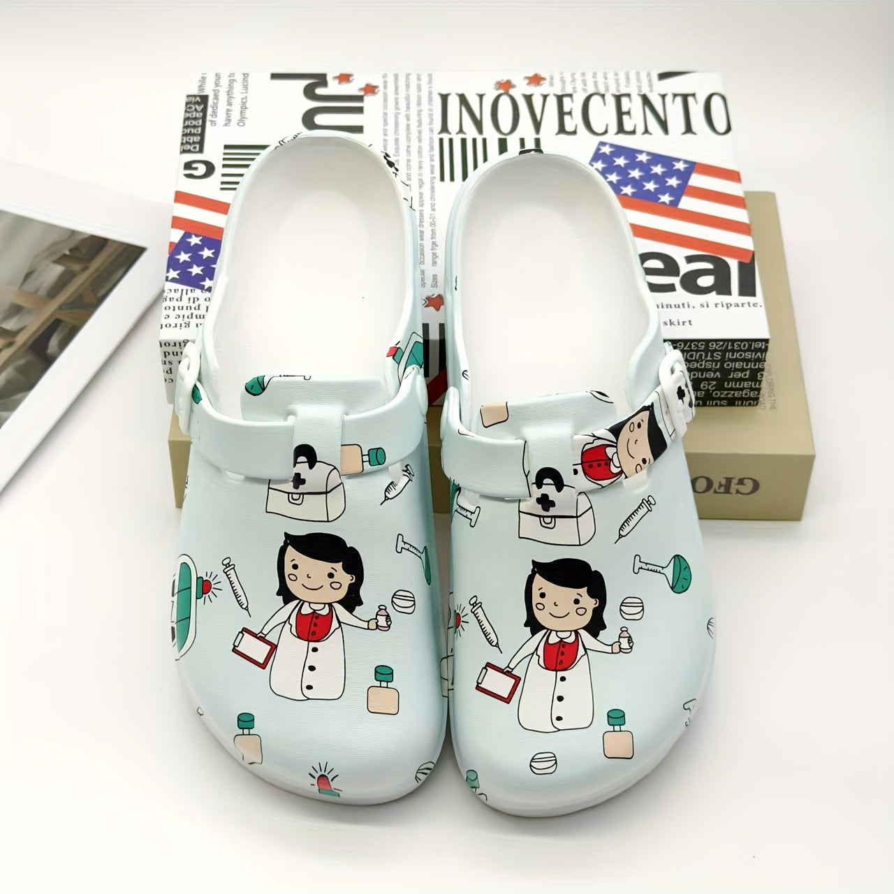 Stylish nurse clogs with durable, non-slip sole. Comfortable slip-on design with toe strap. Perfect for work or casual wear. Made with EVA material.