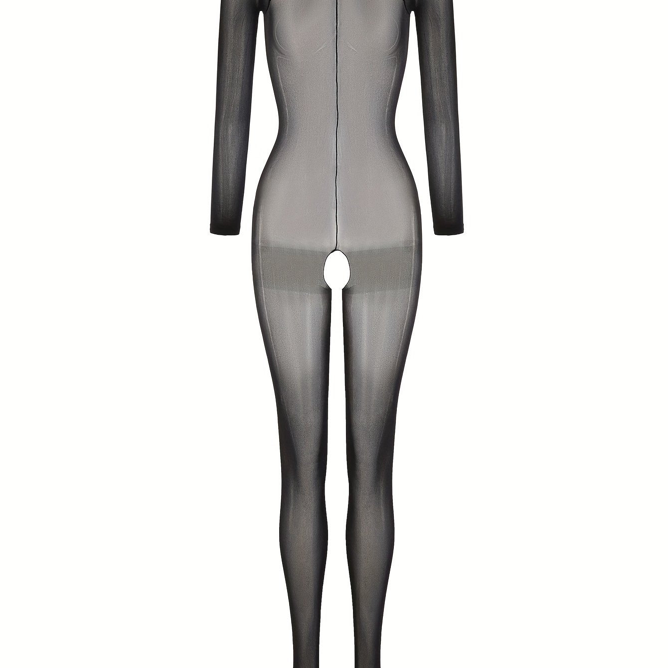 Women's long sleeve round neck bodystocking made of hot mesh fabric with open crotch design, ideal for sexy lingerie and underwear.