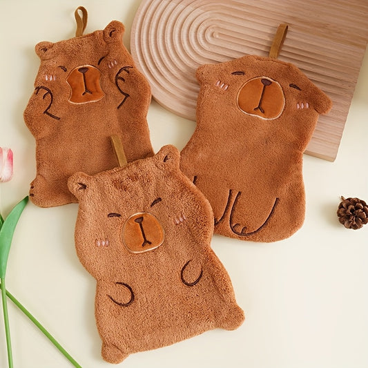 Cartoon Capybara Hand Towels: Soft, Quick-Drying Coral Fleece for Kitchen and Bathroom, Hangable.