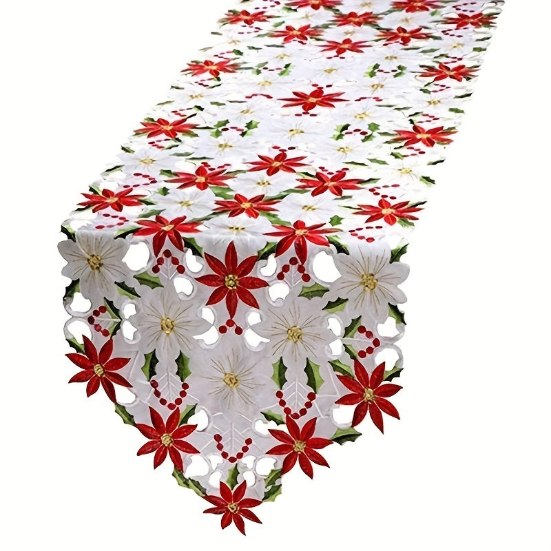 New Christmas printed tablecloths and embroidered table runners in various sizes for table decoration supplies at parties or picnics. Available in 28x43cm, 38x176cm, and 38x220cm.