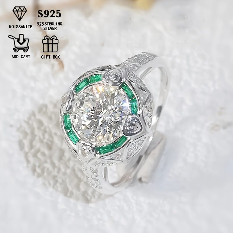 Luxurious Royal Style 2 Carat Moissanite Engagement Ring for Ladies, made with 925 Sterling Silver, adorned with Heart Accents, featuring a Round Gemstone. This Hypoallergenic S925 Wedding Band makes a perfect Anniversary Gift that comes with a Gift Box.