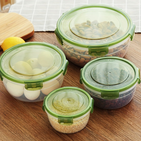 Set of 4 round plastic bowls with lids - microwave & outdoor safe, rust-proof, ideal for camping and refrigerator organization. Bento box design for sealed storage.