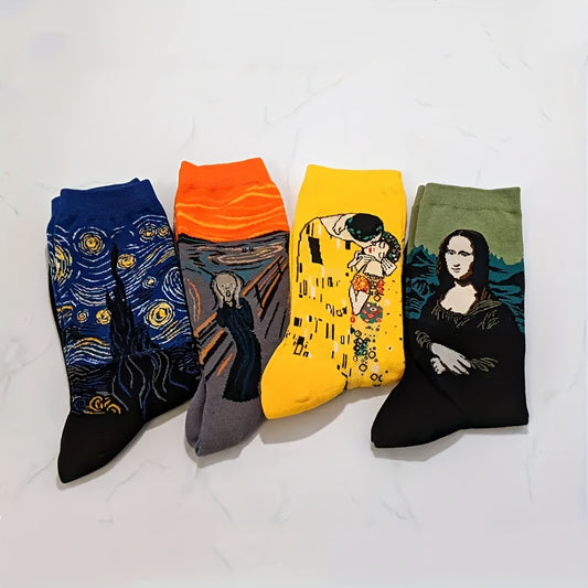 Men's 4-Pack Art Masterpiece Crew Socks featuring famous paintings, made of 70% cotton and 30% polyester. Hand wash only. Comfortable portrait patterned dress socks.