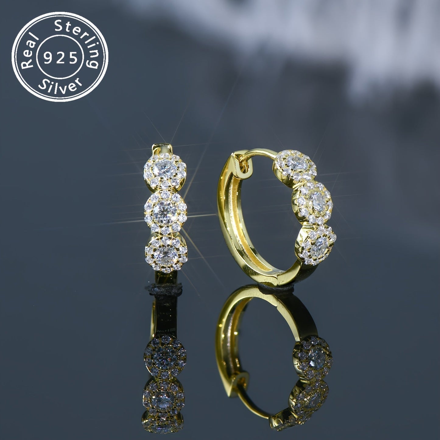 Elegant Classic Hoop Earrings featuring 925 Sterling Silver and 2.7mm Round Moissanite Stones, 14K Golden Plated. With 0.42ct Total Synthetic Moissanite and Zirconia Accents, these earrings are perfect for Women's Daily Wear and Special Occasions like