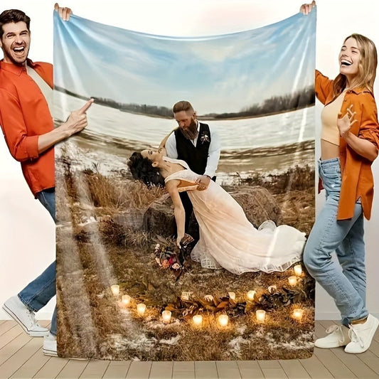 Personalized Floral Pattern Photo Print Throw Blanket - Versatile, Stain-Resistant, All-Season Knitted Polyester - Ideal for Weddings, Engagements, and More - Machine Washable and Customizable