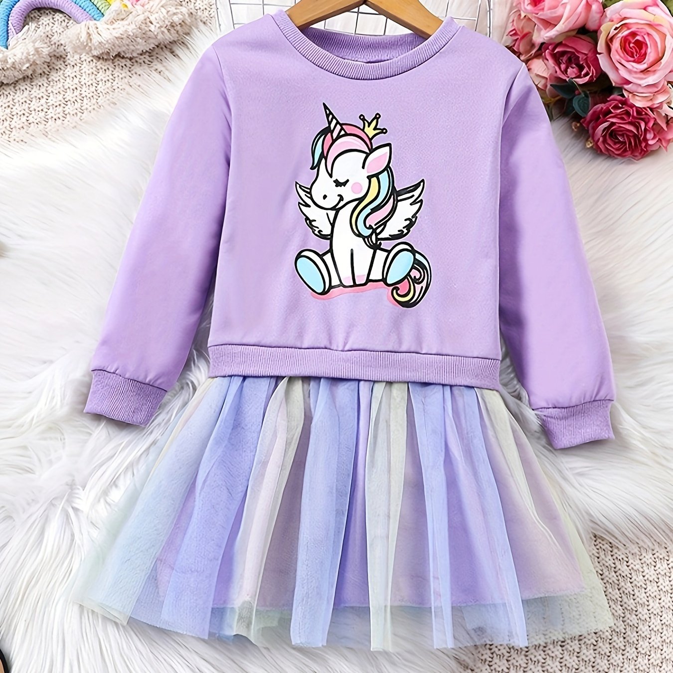 Rainbow tutu dress with unicorn print for girls, perfect for parties or vacations in spring or autumn.