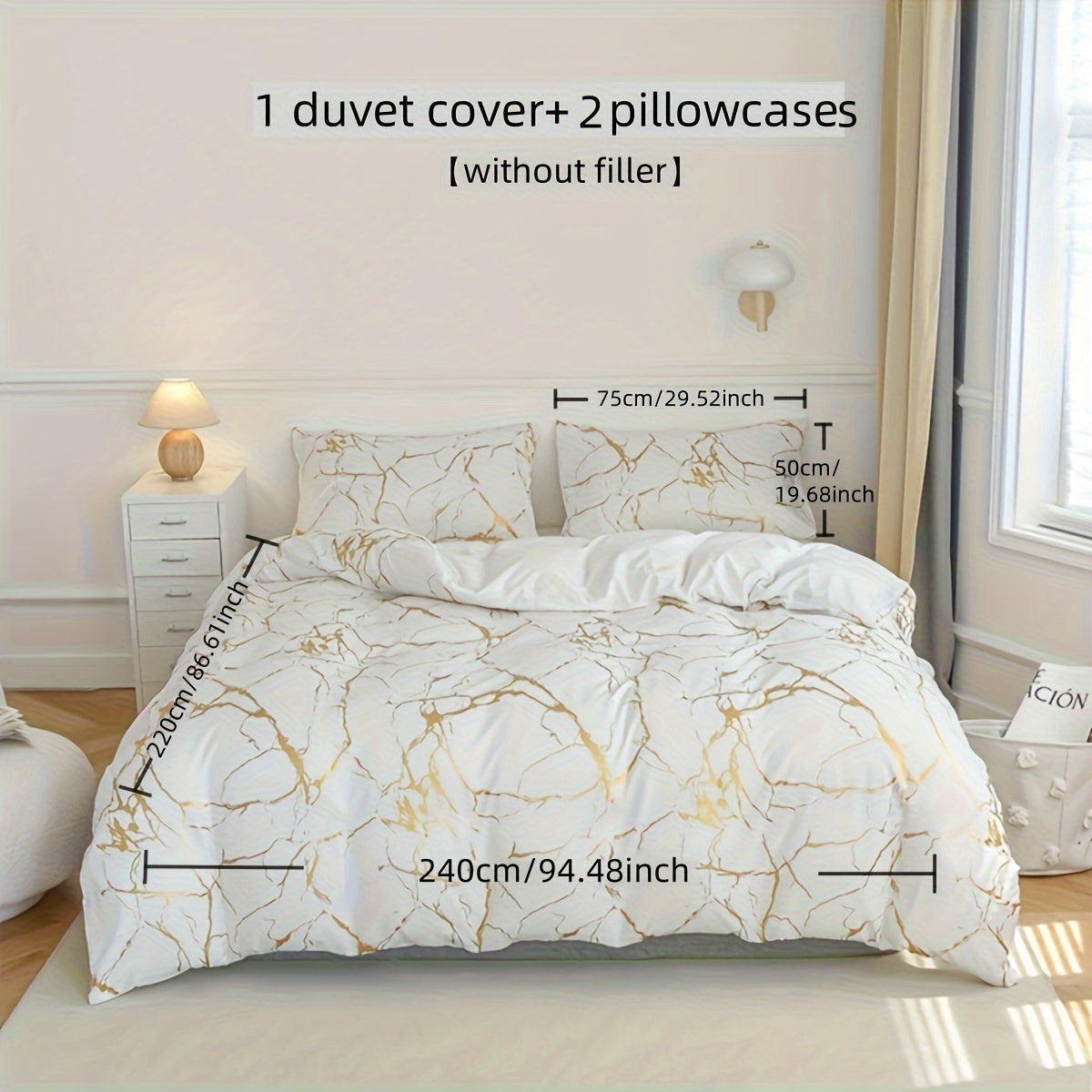 2/3pcs Flocked White Marble Pattern Quilt Cover with Glitter Golden Foil Print Bedding Set, Soft Super Fine Bedding Quilt Cover with 1 Quilt Cover and 1/2 Pillowcase. No filling included.