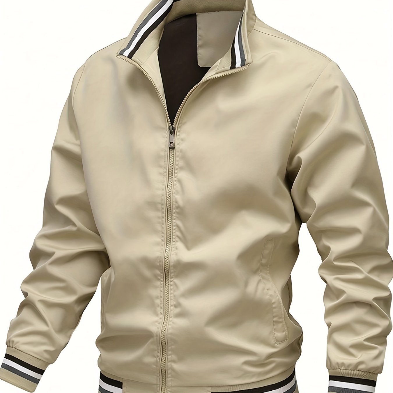 Men's lightweight bomber jacket with stand collar, zipper placket, and long sleeves. Made of 100% polyester for hiking and casual wear.