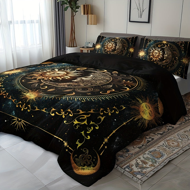 Golden Astrological Design 3 Piece Sun and Moon Celestial Digital Print Duvet Cover Set made of 100% Polyester. Machine Washable, Breathable Fabric for All-Season Comfort. Set includes 1 Duvet Cover and 2 Pillowcases (No Insert). Perfect Christmas