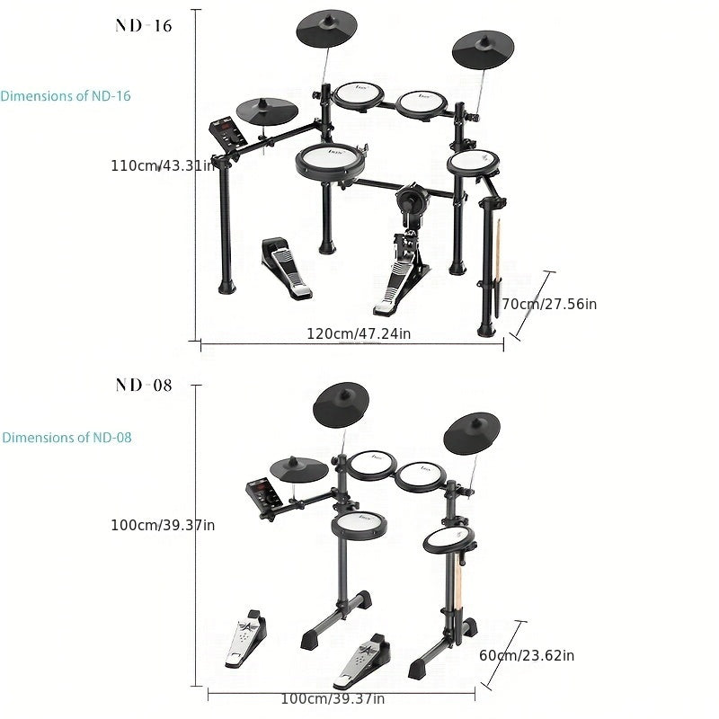 IRIN ND-16 Electronic Drum Set with Silicone Mesh includes 5 drums, 3 cymbals, bass drum, stool, headphones, power adapter, and installation guide. Hardwired with 36V or lower voltage.