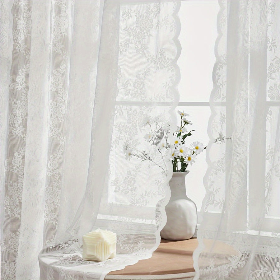 White Lace Sheer Curtain with Floral Design - UV Protection, Rod Pocket Window Treatment for Living Room & Bedroom Decor - 1 Piece