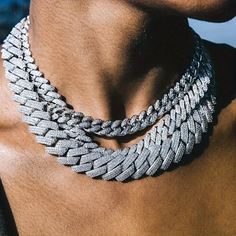 Icy 3-Row Rhinestone Cuban Link Chain Necklace for Men - Edgy Hip Hop Fashion, Made of Zinc Alloy, Ideal for Party Wear