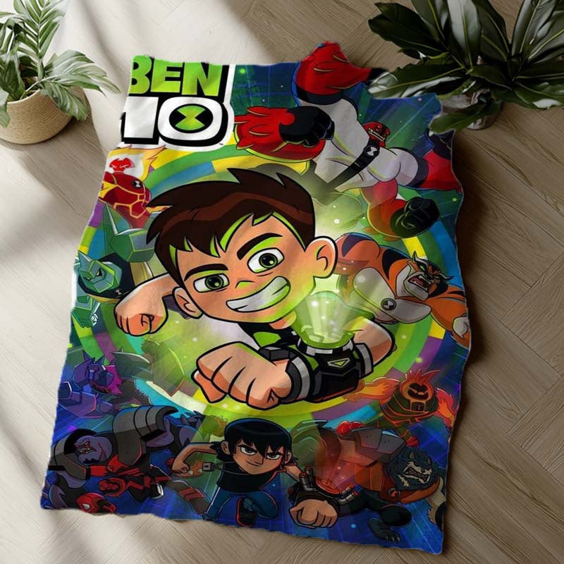 Ben 10 Cartoon Poster Flannel Fleece Blanket - Soft and Stylish, Perfect for All Seasons. Features Digital Print on Polyester Material, Lightweight at 250-300gsm. Versatile Gift for Couch, Bed, Beach, or Picnics.