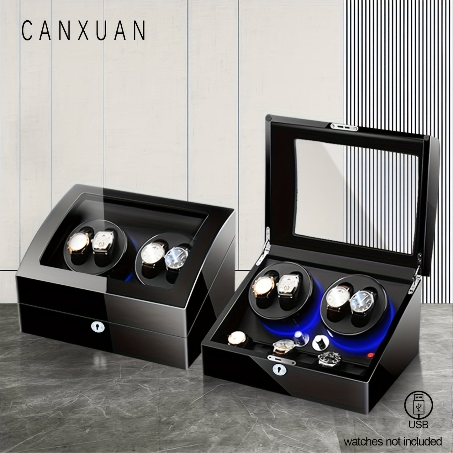 1 pc CANXUAN automatic watch winder box with 4+6 slots, quiet motors, key lock, LED light, soft pillow, faux leather, USB-powered, suitable for men's and women's watches, battery not