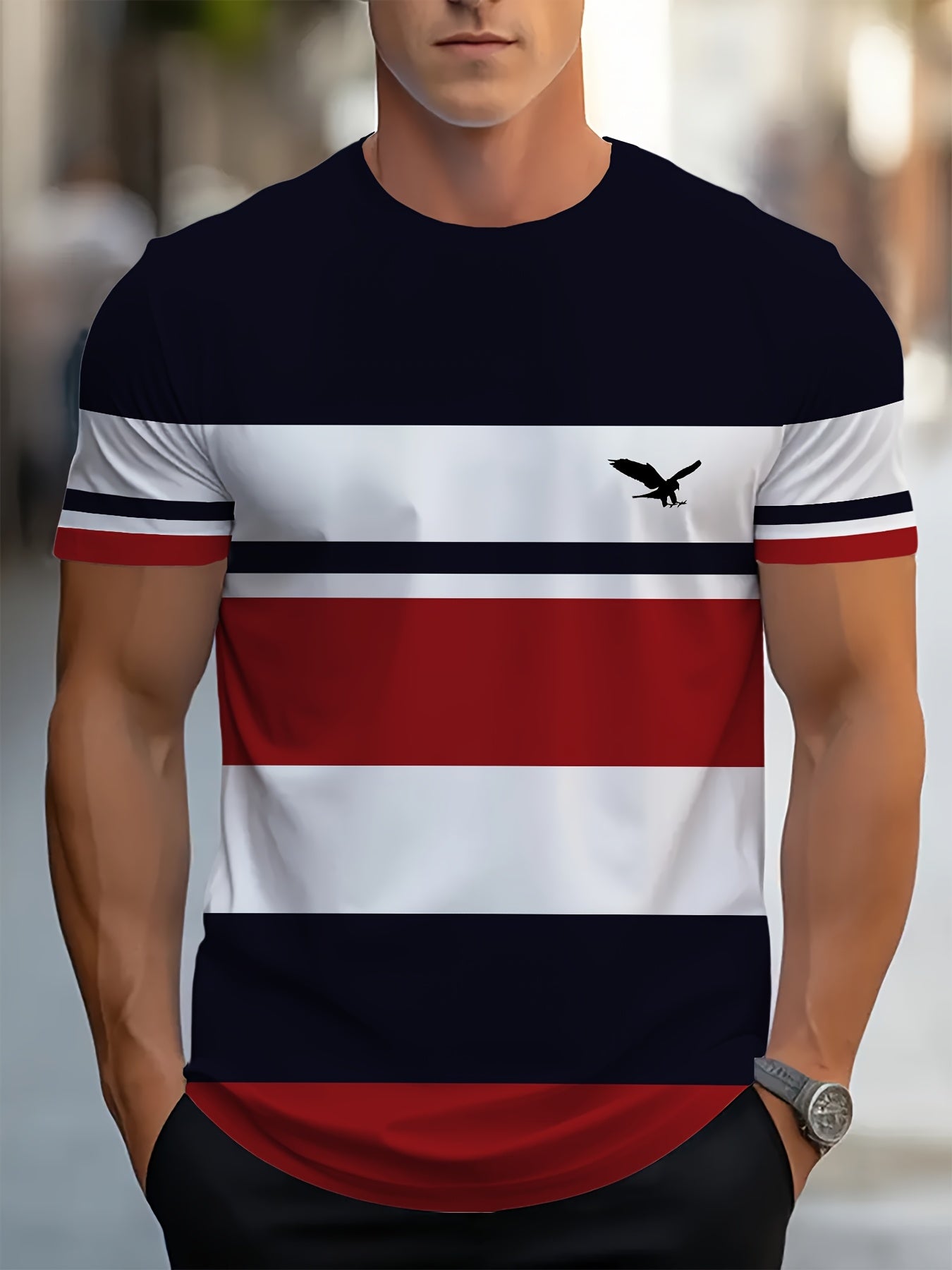 Men's Fashion Striped Polyester T-Shirt with Crew Neck and Short Sleeves, 3D Digital Print, Weekend Casual Wear, Breathable and Stylish.