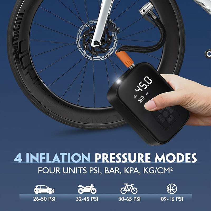 150W portable car tire inflator with LED light, USB rechargeable, safe and efficient for various inflatables.