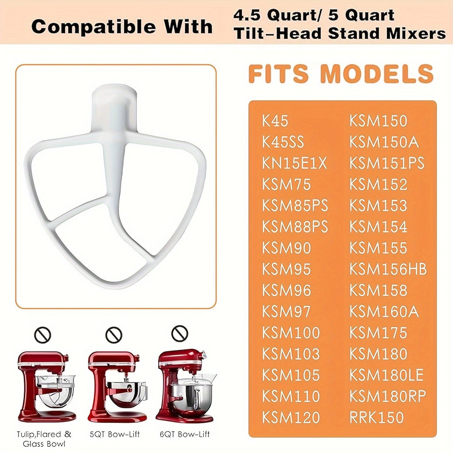 Includes a 4.5/5 Quart Wire Whip, Coated Hook, Flat Coated Beater, and Flex Edge Beater designed for Tilt-Head Stand Mixers. Features an All-Metal Die Cast Flat Beater Paddle with Flexible Silicone Edges for Bowl Scraping. Also includes a Flour Cake