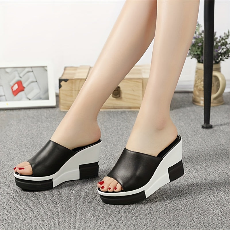 Black & white peep-toe wedge sandals with thick sole and faux cover straps for summer comfort