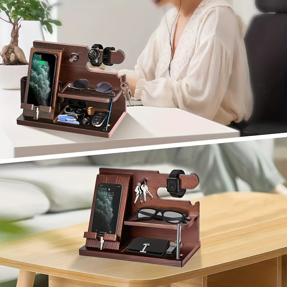 1 piece Wooden Desktop Organizer Stand for storing phone, keys, watch, glasses, coins - ideal gift for men.