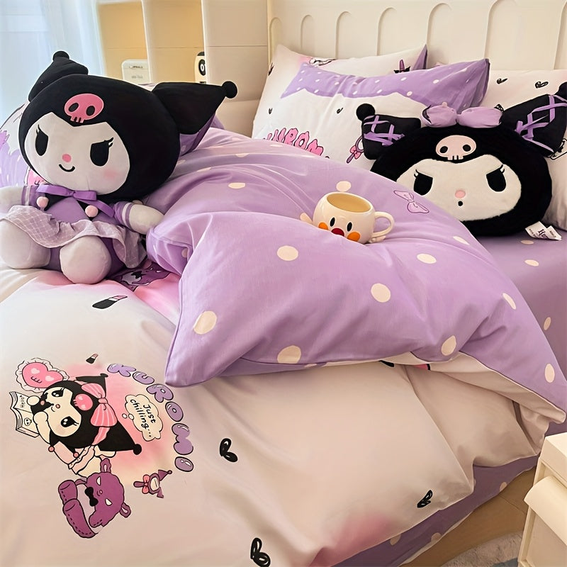 4-piece Sanrio bedding set includes 1 quilt cover, 2 pillowcases, and 1 sheet. Soft, comfortable, and durable. Bedding set measures 200.0cm * 230.0cm and is purple in color. Quilt and