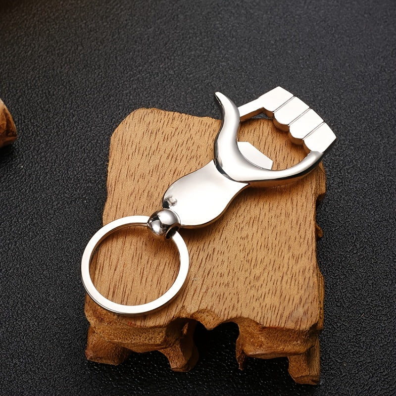 Multifunctional palm-shaped metal keychain bottle opener requires no power, suitable for kitchen and dining decor.