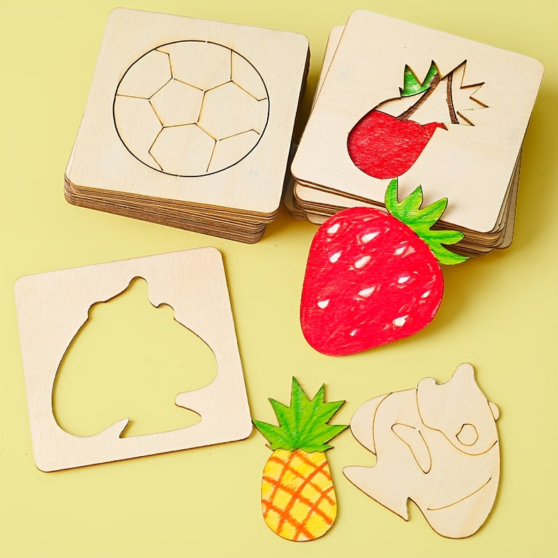 Wooden stencil set with 20pcs, featuring animal and fruit designs in apricot color. Ideal for art and craft projects during winter and New Year celebrations.