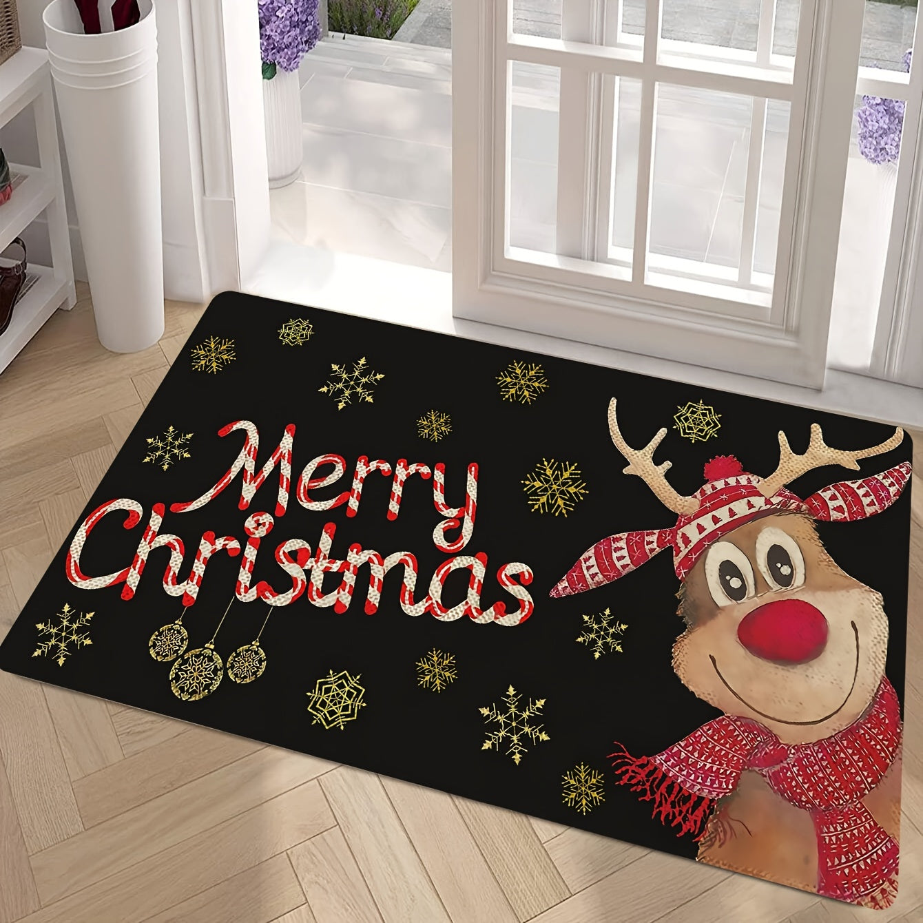 Reindeer-themed Merry Christmas Doormat, Durable Indoor/Outdoor Welcome Mat with Stain-Resistant Low Pile, Easy-to-Clean Machine Washable Polyester Material, Rectangle Shape for Holiday Entrance Decoration