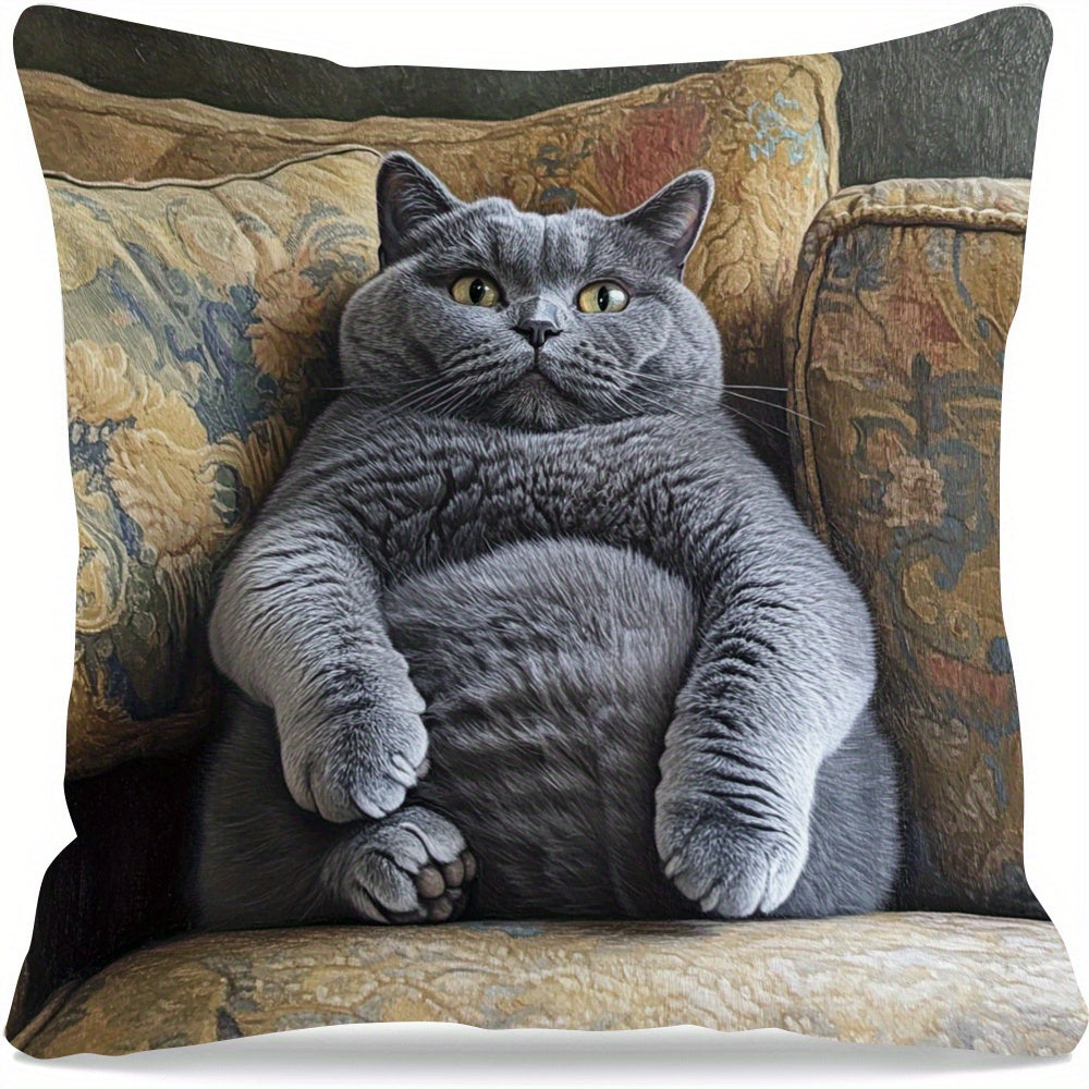 One British Shorthair Cat Sofa Throw Pillow Cover made of woven polyester. This soft and zippered cover is washable and features a single-sided print. Perfect for the 14+ age group, this decorative cushion case is designed for use in the living room and