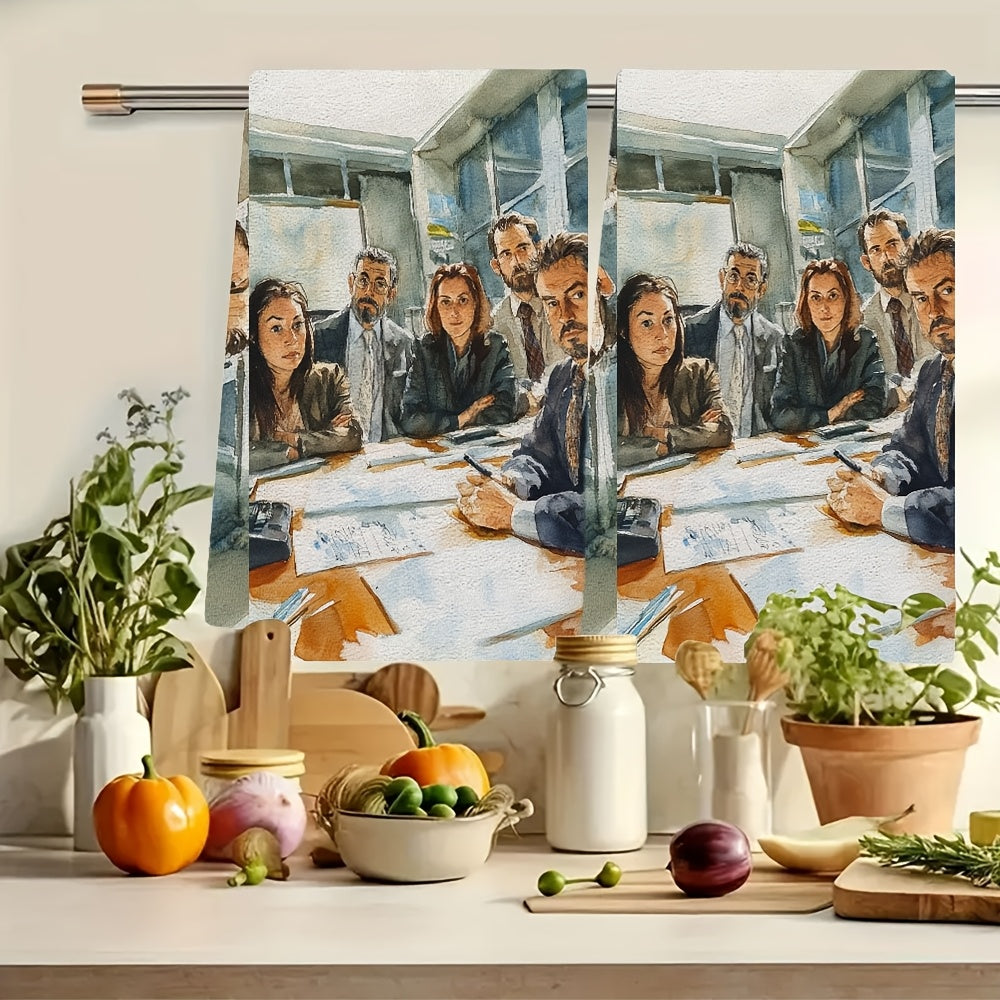 Two ultra soft kitchen towels featuring the "The Faces of the Office" design. These highly absorbent and machine washable dish hand towels are designed in a contemporary watercolor style, measuring 40.64x60.96 cm. Perfect for both home and office decor.