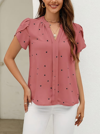 Light blue heart pattern V-neck blouse for women in casual polyester/spandex, available in petite sizes, machine washable, everyday fashion with smooth texture.