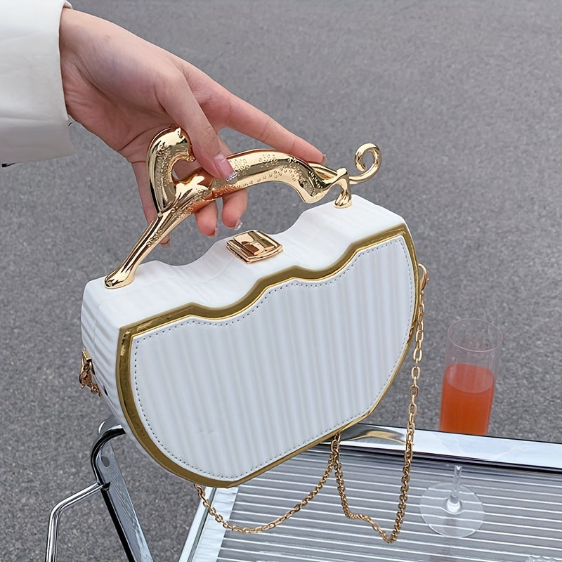 Chic white clip-on bag with gold chain strap, kiss lock closure, detachable shoulder strap, ideal for daily use.