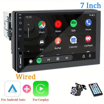 Universal car audio receiver with 7-inch touch screen, GPS navigation, wireless connectivity, and stereo output. Compatible with Android Auto and CarPlay, suitable for all vehicle models.