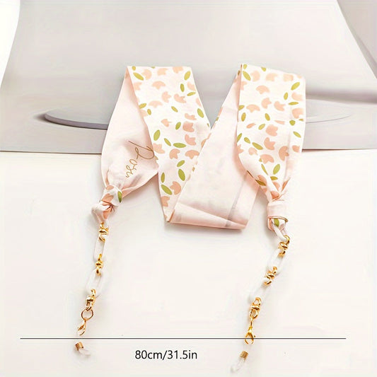 Fashion eyeglasses accessories set featuring a cherry/flower pattern scarf glasses chain strap, sunglasses lanyard, and anti-slip face covering strap retainer.