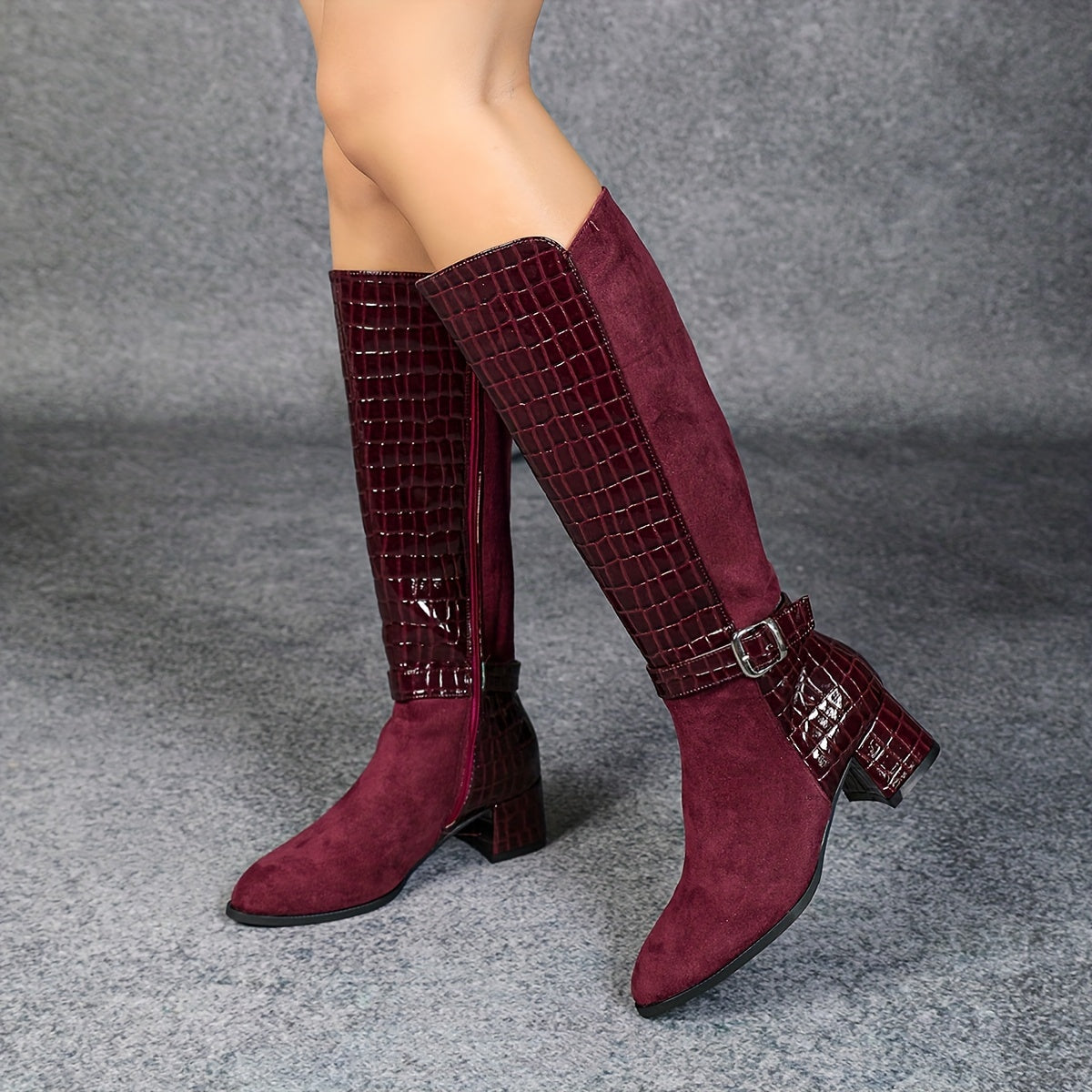 Wine red mid-heeled boots with pointed joints and side zippers, knee-high plush winter boots for a knightly look.