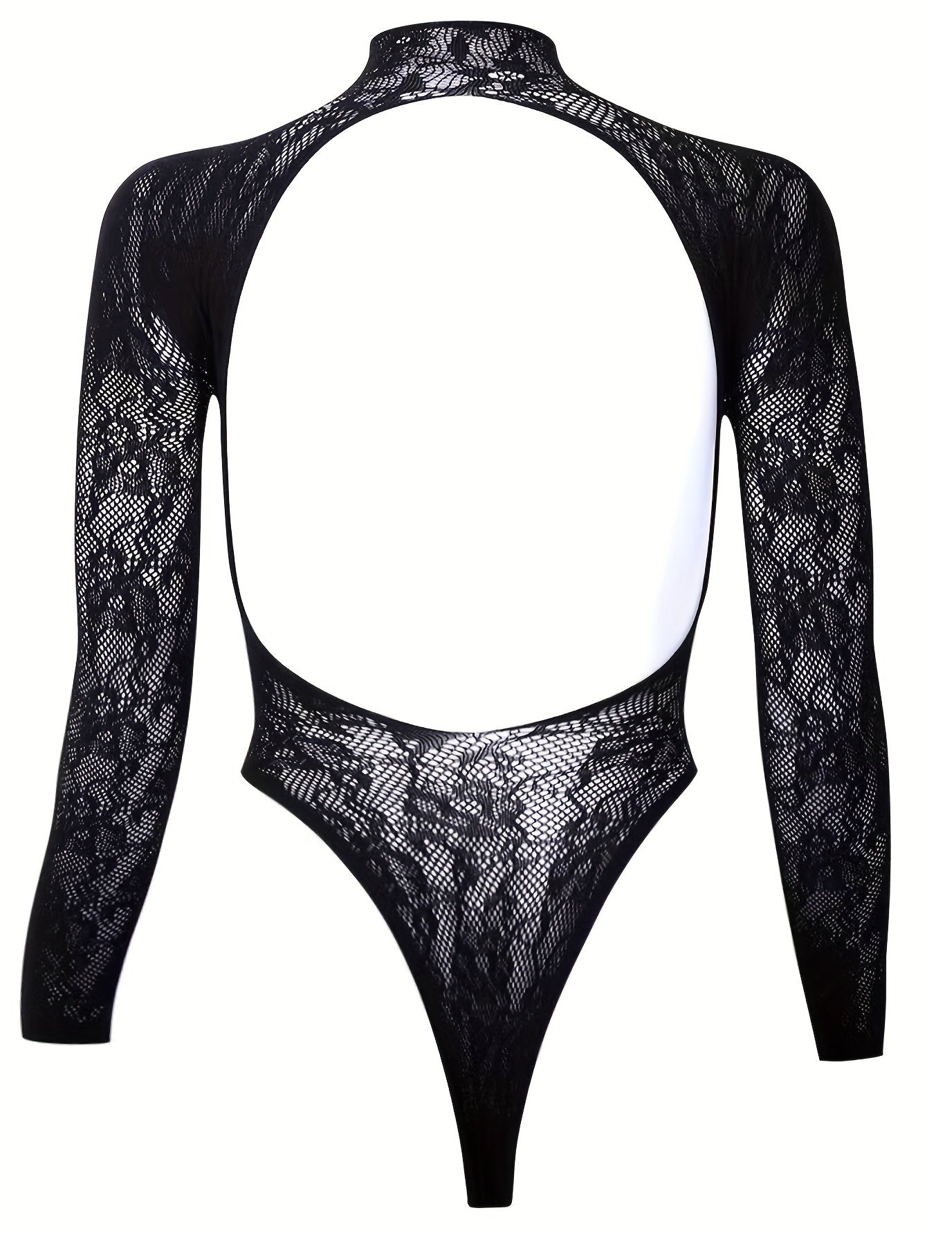 Sophisticated black lace bodysuit with fishnet detail, high neck, and long sleeves. Made of stretchy nylon fabric, hand washable. Sexy lingerie set for women.