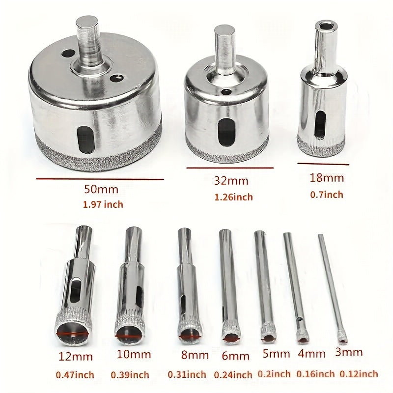 Набор из 10 алмазных сверл для резки мрамора, стекла, керамики и фарфора с использованием электроинструментов.