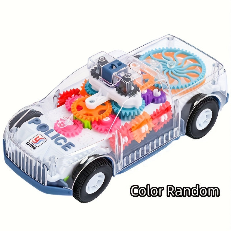 Electric car toy with lights and music, featuring transparent gear and police car design.