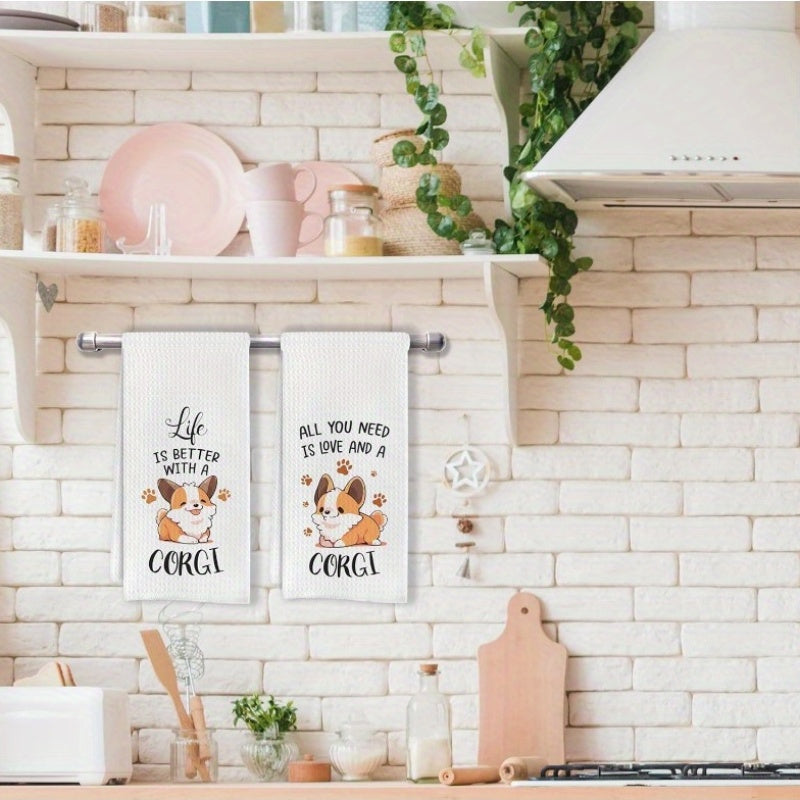 These 2 kitchen towels, measuring 45.72*66.04 cm, feature unique designs that are perfect for fitness parties, holiday gifts, and dog lovers. With a fun "Life Is Better with a Corgi" saying, these dish towels are ideal for women and girls who enjoy humor