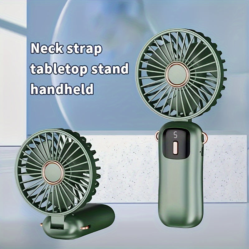 1 Piece of Portable Handheld Fan with LED Display, Foldable 90° Table Fan, 5 Speeds, Rechargeable Lithium Battery, USB Charging, Suitable for Indoor and Outdoor Use.