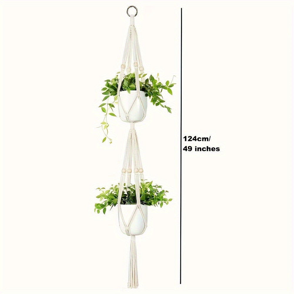 Macrame double plant hanger, indoor/outdoor use, 2 or 3 tier, cotton rope with beads, lengths 124.46 cm/177.8 cm.